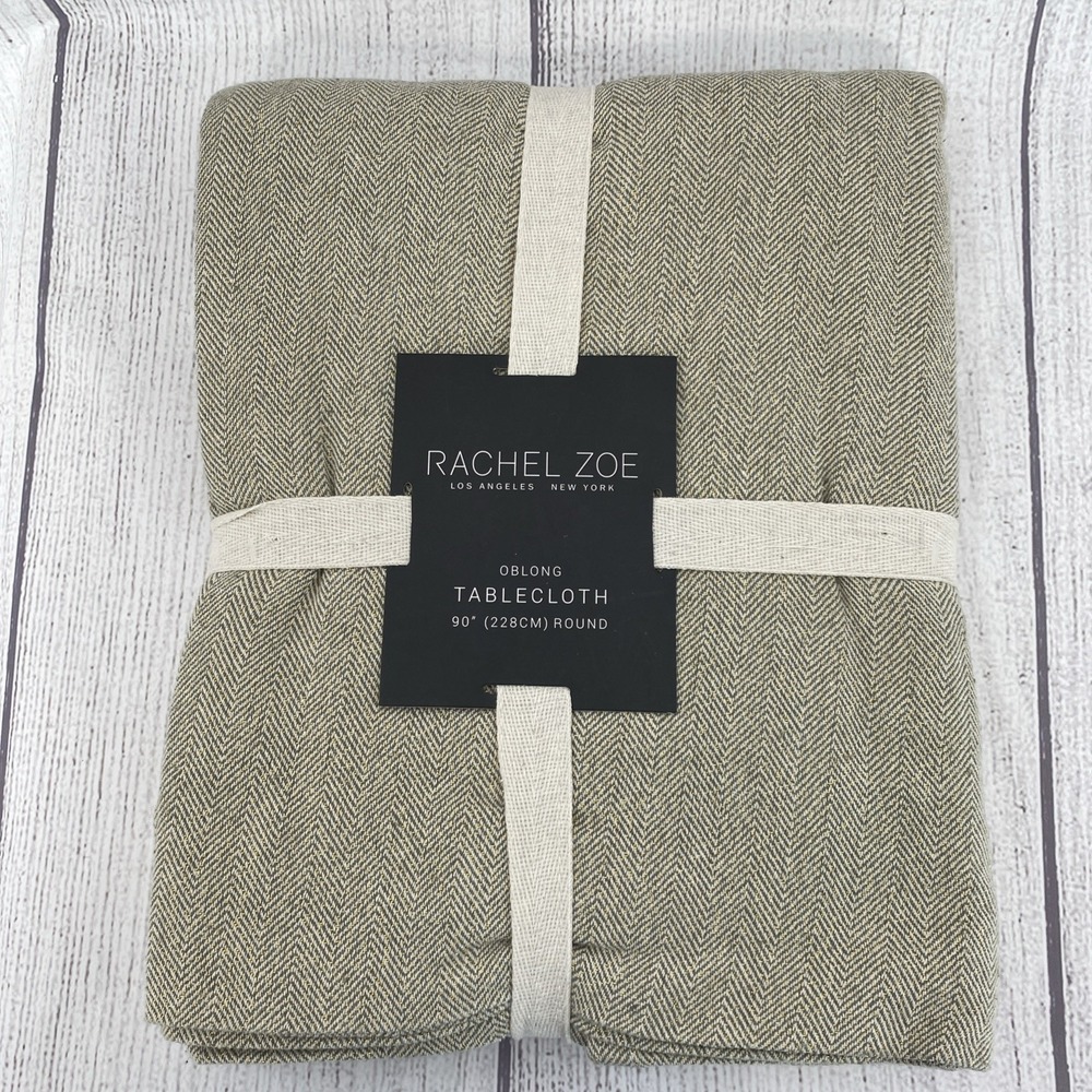 Rachel Zoe Tablecloth 90" ROUND Beige Brown Gold Textured Chevron Herringbone